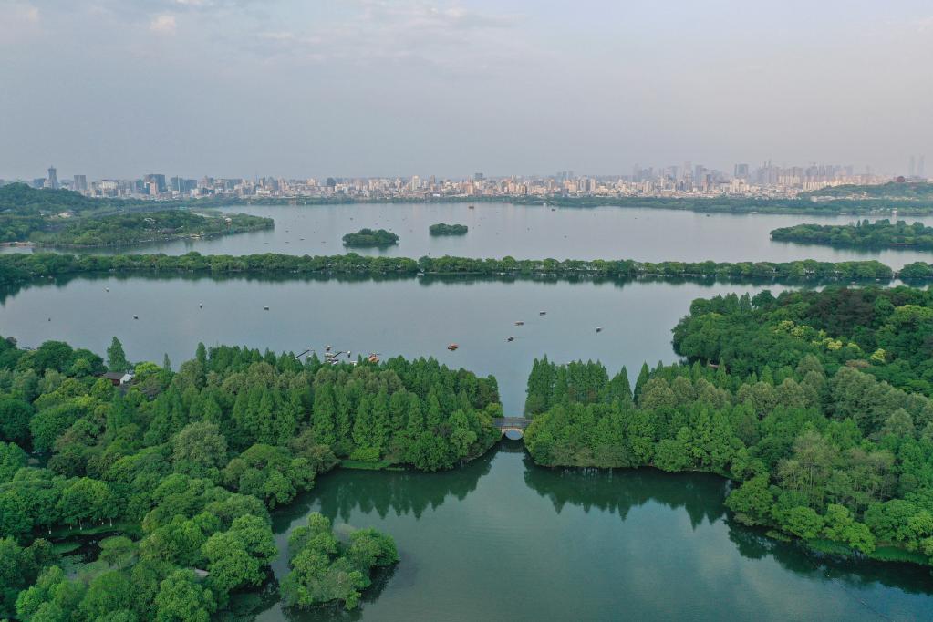 HANGZHOU, CHINA - MAY 26, 2021 - An aerial view of a giant Louis Vuitton  bag by the West Lake in Hangzhou, capital of east China's Zhejiang  Province, May 26, 2021. Organizers