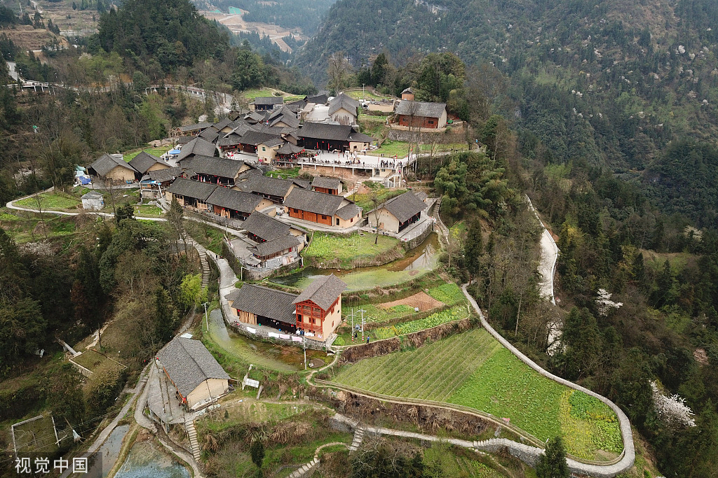 Aerial photo shows a view of Shibadong village in Xiangxi Tujia and (VCG)